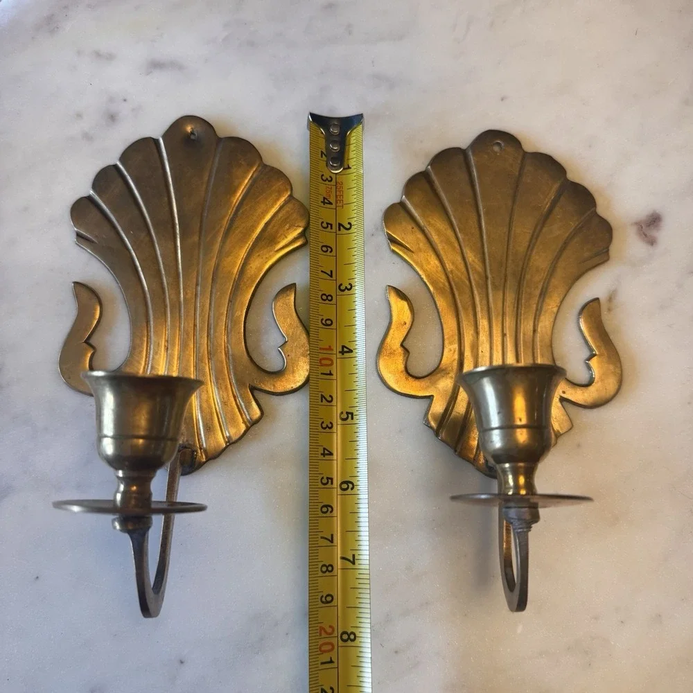 Pair Of Vintage Solid Brass Scalloped Shell Wall Sconce Candle Holders